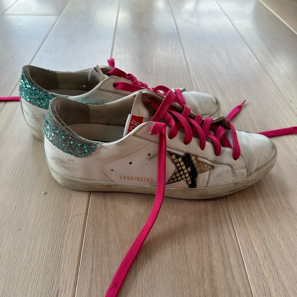 Golden Goose Superstar Sneakers Viper Print Star Light Blue Glitter Women Sz 39